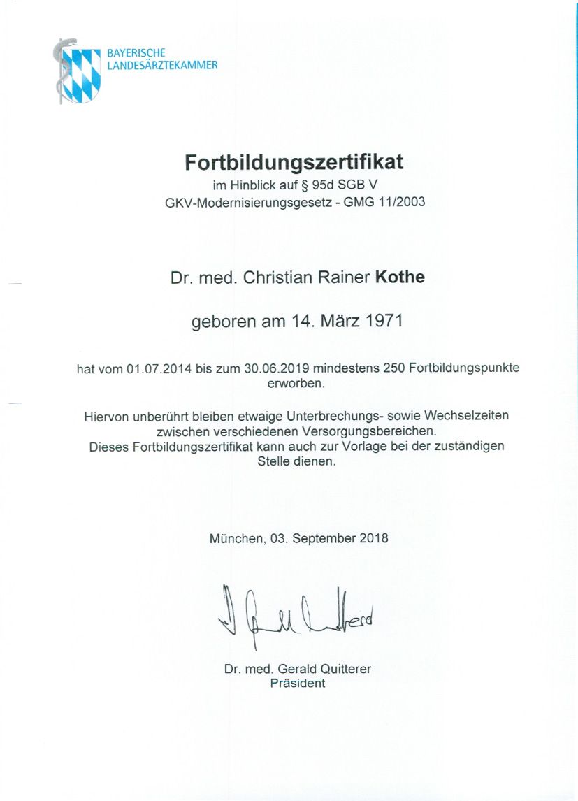 Abbildung eines Forbildungszertifikates von Dr. Kothe