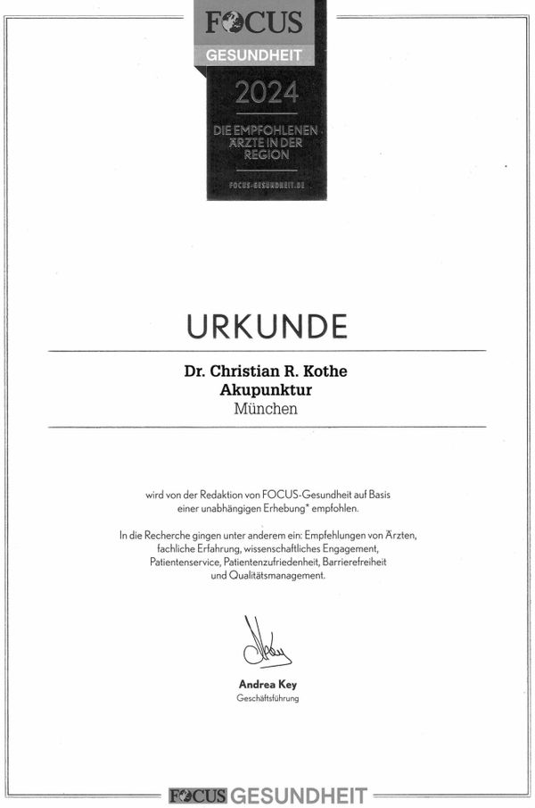 Zertifikat von Focus Gesundheit für Akupunktur